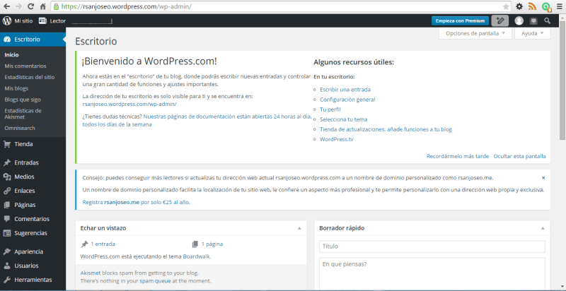 Pantalla inicial de administrador de WordPress