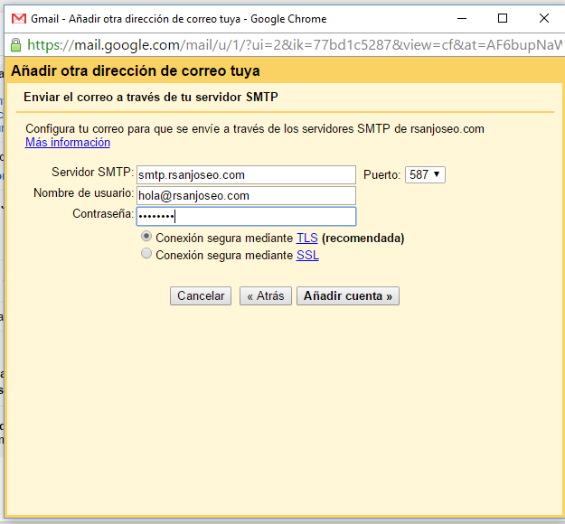 Introduzca el servidor SMTP, el nombre de usuario (generalmente coincide con el correo electrónico) y al contraseña. Si puede, use TLS.